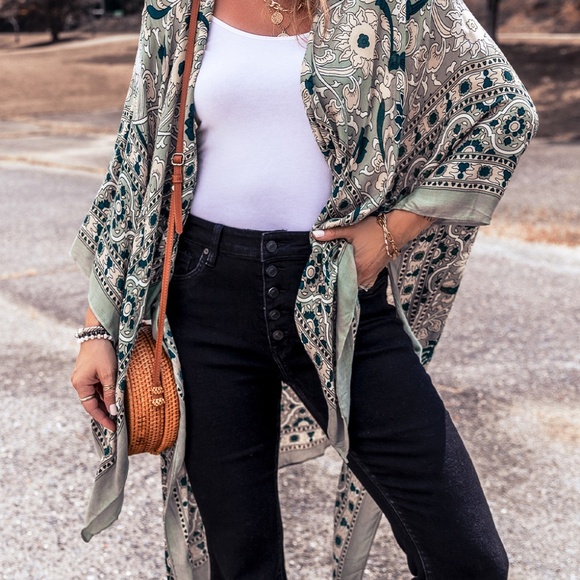 Green Vintage Floral Print Long Split Open Front Kimono - Picture 3 of 7